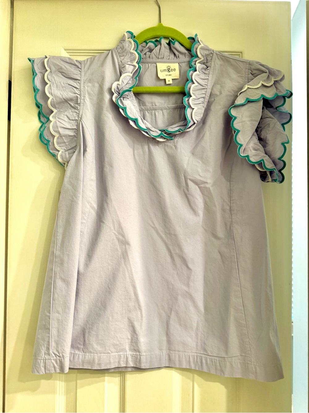 Umgee Lavender Cotton Top with Teal & White Scallop Trim